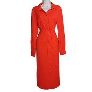 STANDARDS & PRACTICES Vibrant Orange Long Sleeve Button Front Midi Dress S NWT